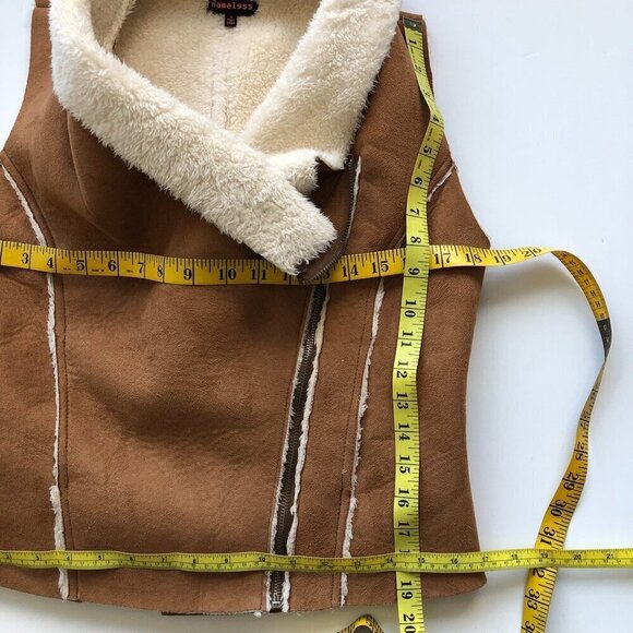 NAMELESS Faux Sherpa Vest Jacket Thick Warm Sleeveless Cognac & Cream Moto Zip S - Picture 14 of 16